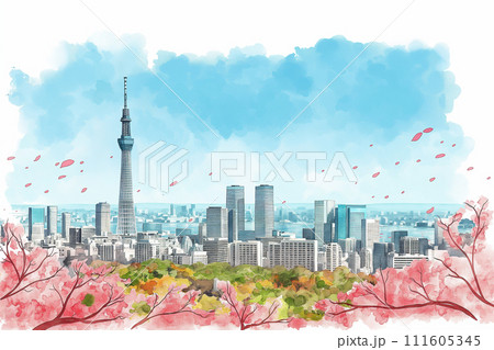東京の街並み・水彩画・スカイツリー　　 111605345