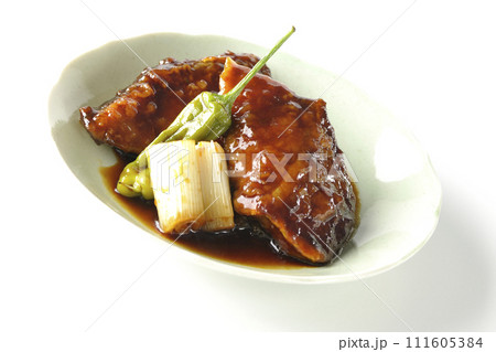 ブリの照り焼きと素揚げのししとうと長ねぎを白背景で撮影 111605384