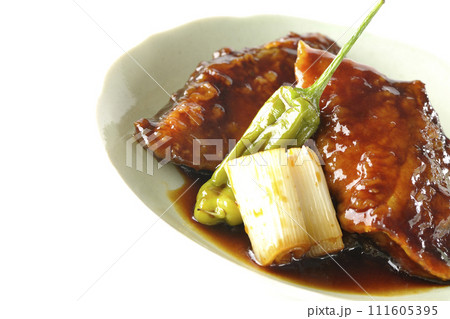 ブリの照り焼きと素揚げのししとうと長ねぎを白背景で撮影 ブリの照り焼きと素揚げのししとうと長ねぎを白背景で撮影 111605395