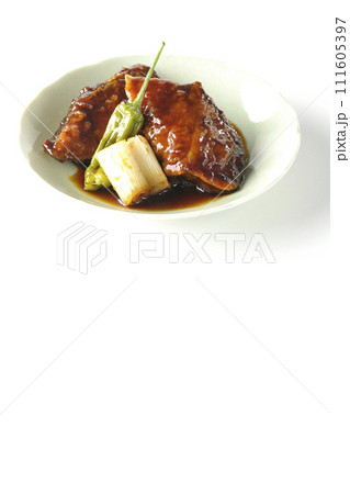 ブリの照り焼きと素揚げのししとうと長ねぎを白背景で撮影 ブリの照り焼きと素揚げのししとうと長ねぎを白背景で撮影 111605397