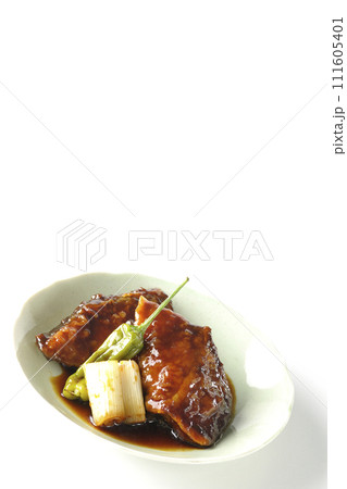 ブリの照り焼きと素揚げのししとうと長ねぎを白背景で撮影 ブリの照り焼きと素揚げのししとうと長ねぎを白背景で撮影 111605401