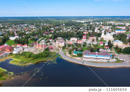 Panoramic aerial view of Russian town of Myshkin in summer Panoramic aerial view of Russian town of Myshkin in summer 111605659