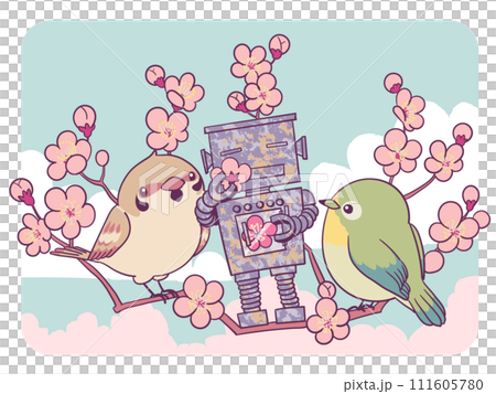 Garden robot, plum, warbler, and sparrow 111605780