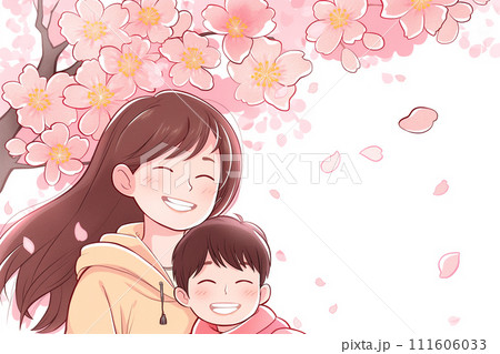 桜の下にいる親子・母親と息子 111606033