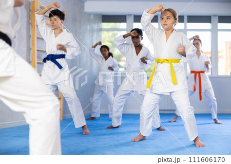 Children of different nationalities in kimono standing in fight stance during group karate training in gym 111606170