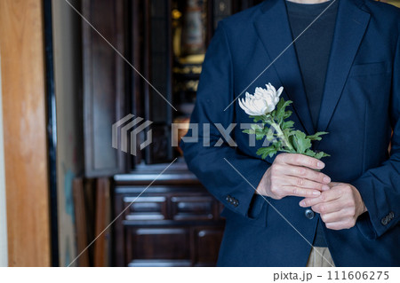 仏壇の前で白い菊の花を持っている男性の手元 111606275