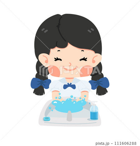 Girl student washing hands in sink cartoon Girl student washing hands in sink cartoon 111606288