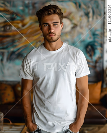 Men's White Short Sleeve Round Neck T-Shirt Mockup It is a useful tool for clothing designers to help visualize T-shirts before actual production Save time and money and makes it easier to decide. 111606314