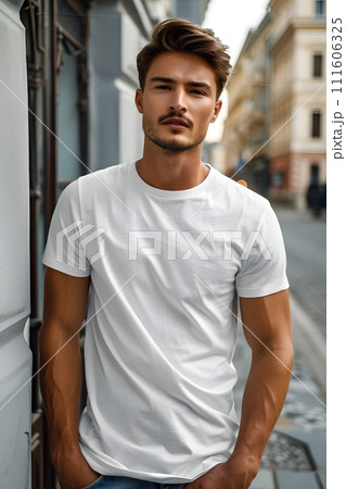 Men's White Short Sleeve Round Neck T-Shirt Mockup It is a useful tool for clothing designers to help visualize T-shirts before actual production Save time and money and makes it easier to decide. Men's White Short Sleeve Round Neck T-Shirt Mockup It is a useful tool for clothing designers to help visualize T-shirts before actual production Save time and money and makes it easier to decide. 111606325