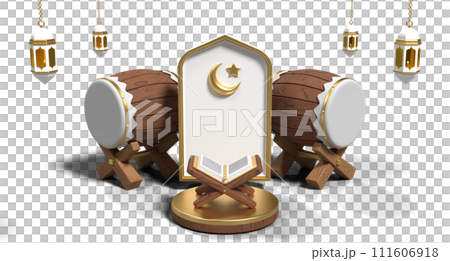 Ramadan kareem with podium quran and islamic decoration. Round podium stage, lantern, mosque ornament and quran. 3D rendering 111606918