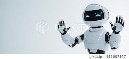 AI-generated content. Robot greets on a colored background 111607167