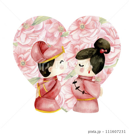 Watercolor Valentines illustration. Chinese, korean bride and groom toys in red dresses with floral peony heart shape background. Lovers couple arrangement for card, wedding, invitation design Watercolor Valentines illustration. Chinese, korean bride and groom toys in red dresses with floral peony heart shape background. Lovers couple arrangement for card, wedding, invitation design 111607231