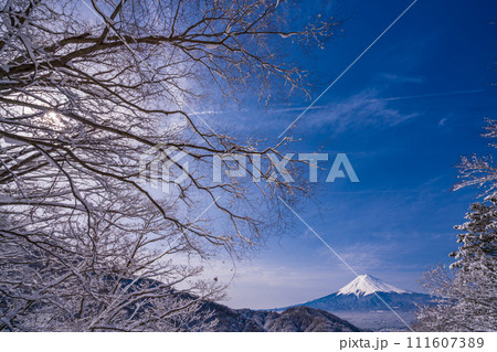（山梨県）日本の冬景色・降雪後の御坂路から望む富士山 111607389