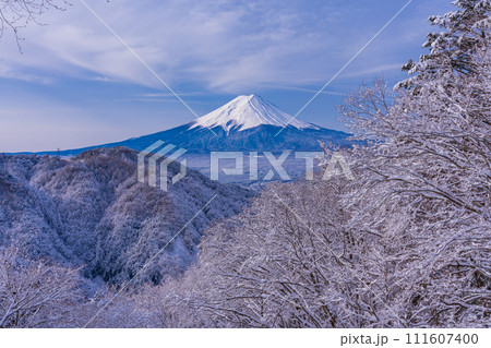 (山梨県)日本の冬景色・降雪後の御坂路から望む富士山 (山梨県)日本の冬景色・降雪後の御坂路から望む富士山 111607400
