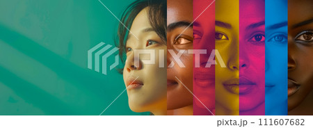 AI-generated content. Collage made of portrait of diverse women Asian, Caucasian, African-American, European against multicolored striped background. 111607682
