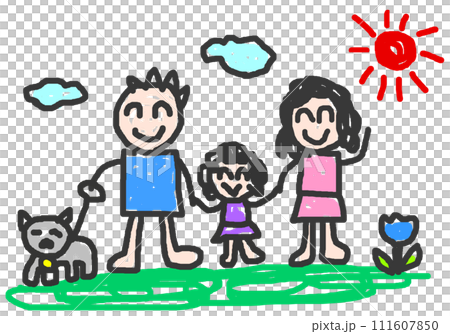 子供が家族とペットの絵を描いた可愛いイラスト 111607850