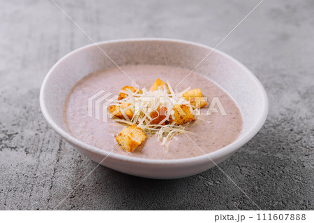 homemade cream soup with croutons and parmesan cheese homemade cream soup with croutons and parmesan cheese 111607888