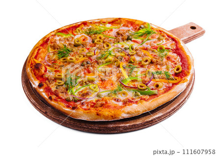 Fresh tuna pizza on a wooden board isolated Fresh tuna pizza on a wooden board isolated 111607958