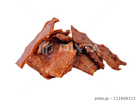 Dried beef jerky isolated on white background Dried beef jerky isolated on white background 111608313