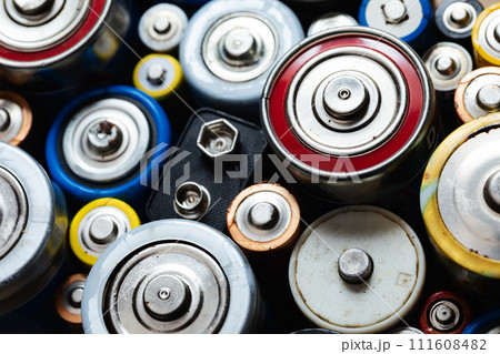 Assorted Used Batteries CLoseup Assorted Used Batteries CLoseup 111608482