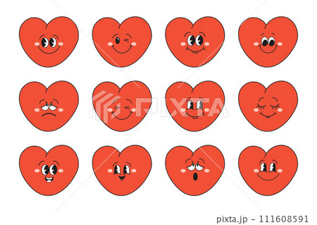 Set of hearts of funny cartoon characters with different emotions. Cartoon heart mascots. Fashionable emoticons in retro style. Vector 111608591