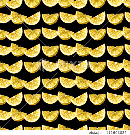 Watercolor pattern. Yellow lemon slices hand drawn in watercolor on a black background. Suitable for printing on fabric and paper, for kitchen decoration, decoration of dishes and towels, tablecloths. Watercolor pattern. Yellow lemon slices hand drawn in watercolor on a black background. Suitable for printing on fabric and paper, for kitchen decoration, decoration of dishes and towels, tablecloths. 111608825
