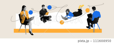 Business people, colleagues working in different gadgets, doing various tasks and communication online 111608950