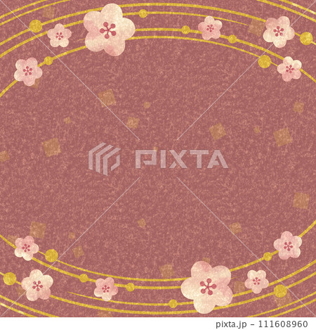 梅の花・波紋・金箔　和風のフレーム・背景素材2（正方形） 111608960