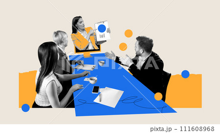 Employees, colleagues meeting for project discussion, woman leading briefing, showing round analytical graph. Employees, colleagues meeting for project discussion, woman leading briefing, showing round analytical graph. 111608968