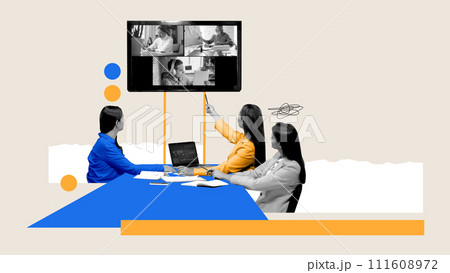 Group of young people, women leading online video conference with giant TV screen, communication with colleagues Group of young people, women leading online video conference with giant TV screen, communication with colleagues 111608972