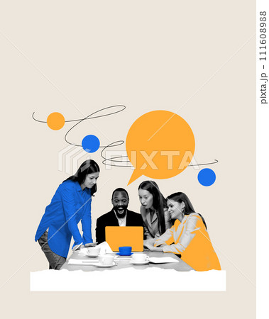 Group of employees sitting in coreference room and looking on laptop with emotional, excited faces. Startup launching and successful promotion Group of employees sitting in coreference room and looking on laptop with emotional, excited faces. Startup launching and successful promotion 111608988