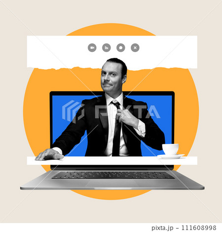Seriously looking businessman sticking out laptop screen. Job interview via laptop, choosing relevant candidate for position Seriously looking businessman sticking out laptop screen. Job interview via laptop, choosing relevant candidate for position 111608998