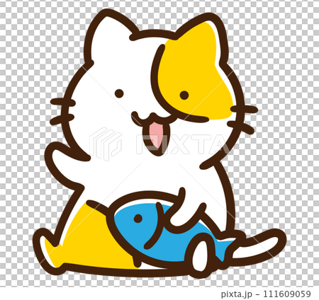 一隻可愛的貓角色的變形插圖，腋下夾著一條魚 111609059