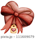 Cute heart shape gift box with red ribbon and heart label in watercolor style 111609079