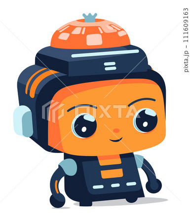 Orange blue cute robot character big eyes friendly smile. Cartoon robot beanie. Futuristic AI concept vector illustration 111609163