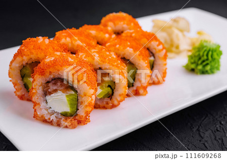 Macro shot of california maki sushi rolls with rice 111609268