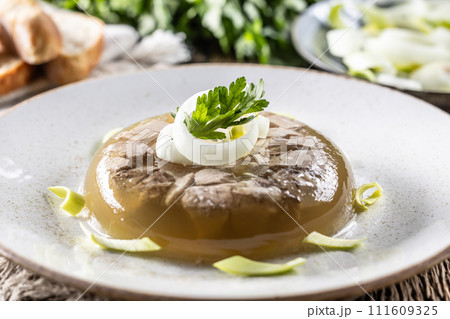 Homemade pork aspic, meat jelly with onion and leek in a white plate Homemade pork aspic, meat jelly with onion and leek in a white plate 111609325