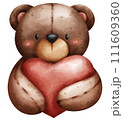 Cute and cuddly portrait teddy bear doll hug heart in watercolor style 111609360
