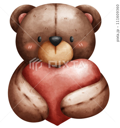 Cute and cuddly portrait teddy bear doll hug heart in watercolor style Cute and cuddly portrait teddy bear doll hug heart in watercolor style 111609360