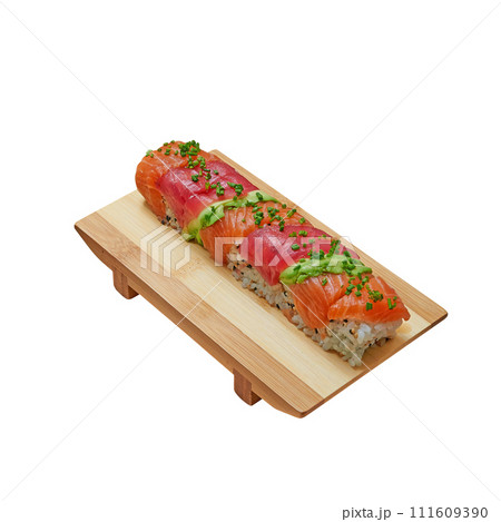 Traditional japanese wooden plank with food isolated on white Traditional japanese wooden plank with food isolated on white 111609390