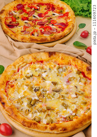 Homemade pizza close up top view 111609723