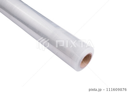 Roll of plastic stretch wrap film on white Roll of plastic stretch wrap film on white 111609876