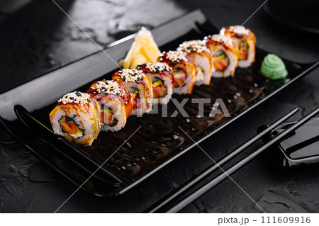 Traditional canada sushi roll on plate Traditional canada sushi roll on plate 111609916