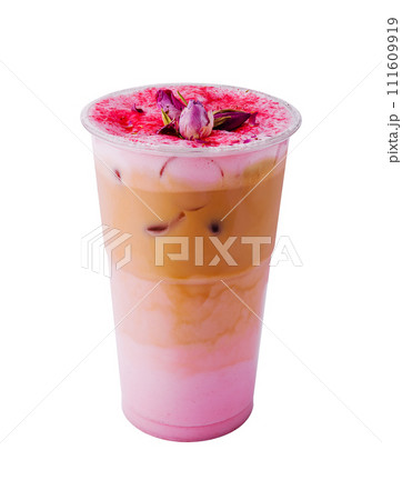 Rose beetroot takeout latte coffee with vegan coconut milk Rose beetroot takeout latte coffee with vegan coconut milk 111609919