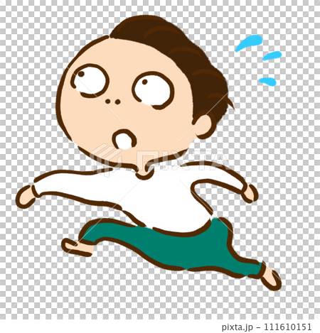 上を見ながら走る人 緑のパンツ  汗 111610151