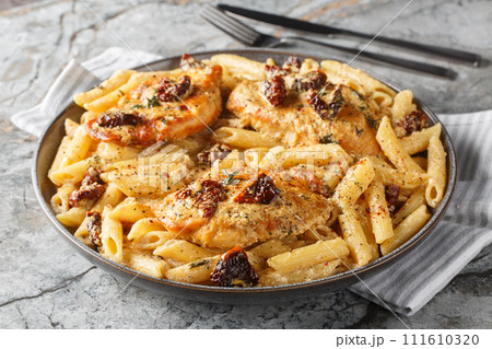 Marry Me Chicken penne with creamy pasta, tender chicken breast, parmesan cheese, sun-dried tomatoes, and herbs closeup on the plate. Horizontal Marry Me Chicken penne with creamy pasta, tender chicken breast, parmesan cheese, sun-dried tomatoes, and herbs closeup on the plate. Horizontal 111610320