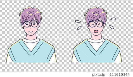 Stylish anime-style boy set of troubled face and smile Stylish anime-style boy set of troubled face and smile 111610344