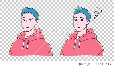 Stylish anime-style boy set of troubled face and smile 111610345