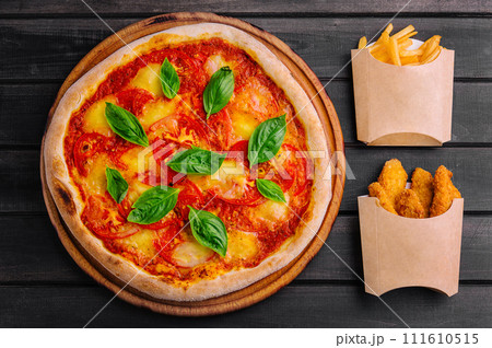 Margherita Pizza with Basil and Fries, Nuggets Margherita Pizza with Basil and Fries, Nuggets 111610515