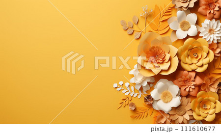 AI-generated content. An array of intricate paper flowers in shades of yellow, orange, and white, beautifully arranged on a bright yellow background, showcasing a stunning variety of blooms and 111610677